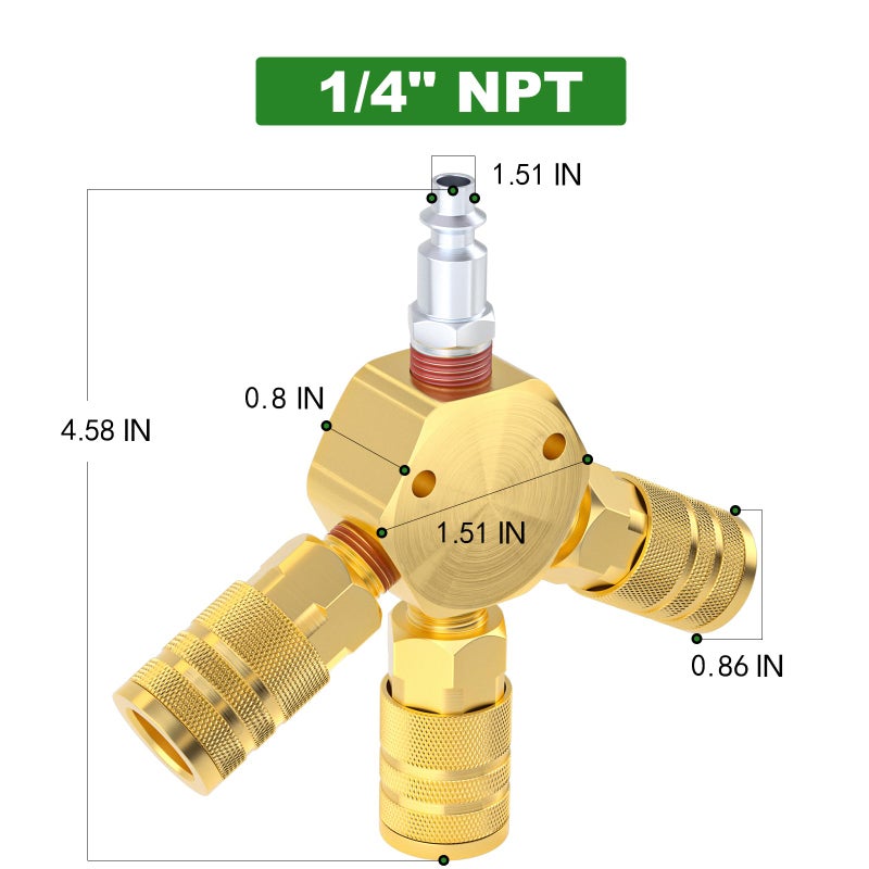 Taisher 3-Way 1/4 Inch NPT Hex Style Air Manifold with 3 Pieces Brass Industrial Coupler and Plug, Air Compressor Hose Accessories Quick Connect Fittings Air Splitter - Image 4
